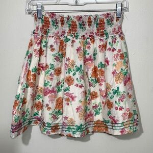 Frenchi Floral Smocked Mini Skirt Women Small White Orange Pink BP226513JR